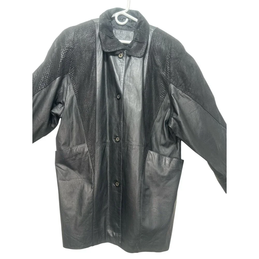 Jaqueline Ferrar Vintage Retro Leather Jacket Coat XL Black Button Down Western